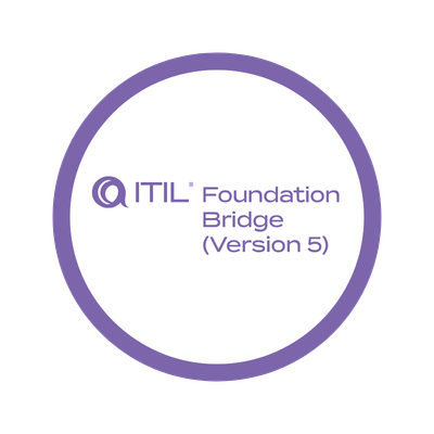 Logotipo circular de ITIL Foundation Bridge (Version 5) en color morado. Imagen identificativa del curso puente para profesionales con certificación ITIL 4 que desean actualizarse a ITIL 5.